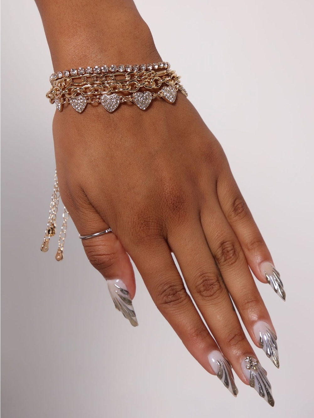 Fashion Nova Gold Layered Heart Charm Bracelet with Rhinestones